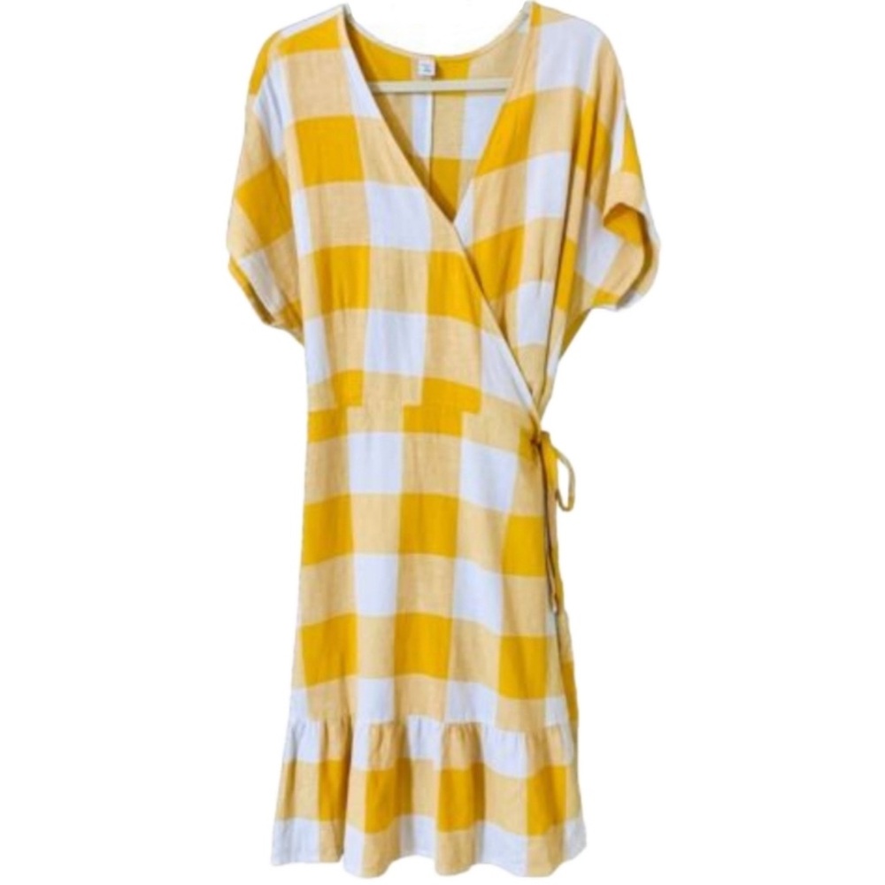 Old Navy Yellow Plaid Wrap Dress linen rayon mix size 8 - Picture 3 of 8